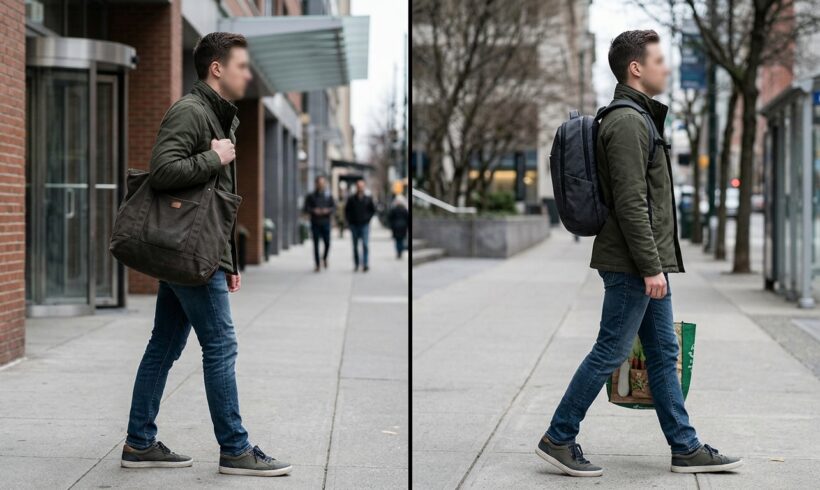 Rwa kulszowa a noszenie ciężkiej torebki lub plecaka na jednym ramieniu – jak asymetria niszczy kręgosłup